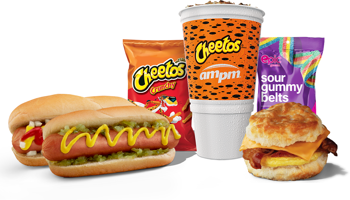 Two hot dogs with different toppings, a bag of Cheetos, a limited-edition Cheetos fountain cup, epic goods rainbow belts, and a bacon, egg and cheese biscuit